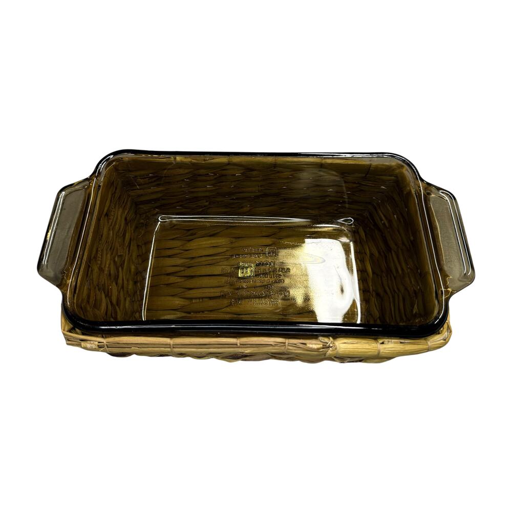 Anchor Ovenware Amber Glass 1.5 Qt Loaf Dish Wicker Basket USA - Picture 7 of 7
